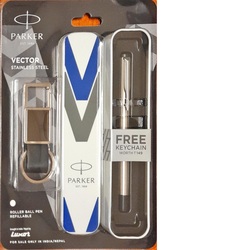 Parker Vector Stainless Steel Chrome Trim Roller Ball Pen n Keychain